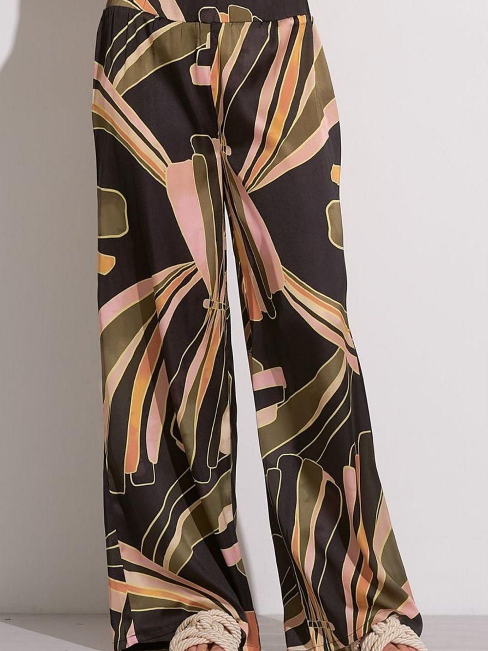 Elan Black Wide-Leg Printed Pants with Olive and Blush Accents